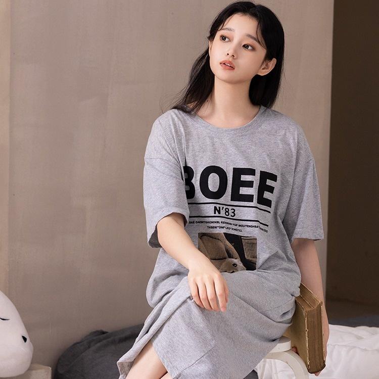 Loose-fitting Large-sized Women's Round-neck Short-sleeved T-shirt Dress, Long Laid-back Style Dress, Knee-length Sleeping Dress