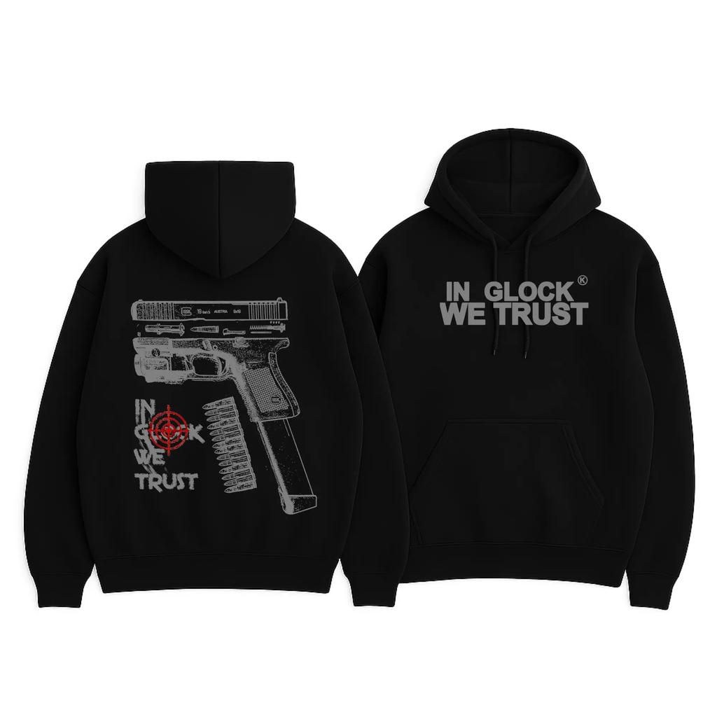 In Glock We Trust Black Hoodie Full Color Design Unisex Daily Wear Fashionable Design
