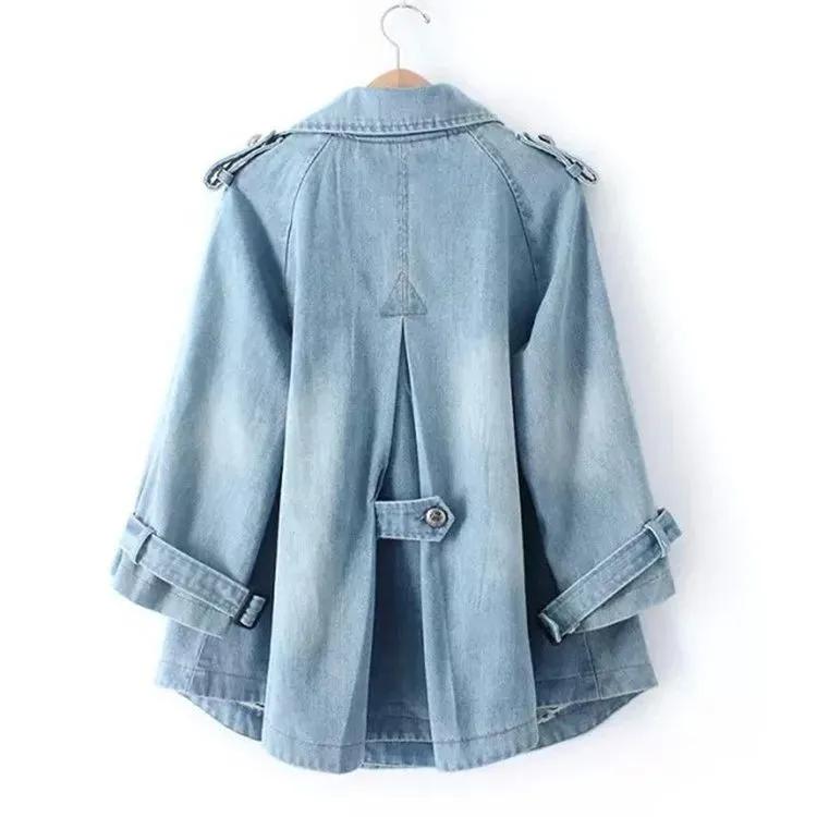 Women Denim Cape Coat Female Jacket Autumn Double Breasted Jackets Lady Windbreaker