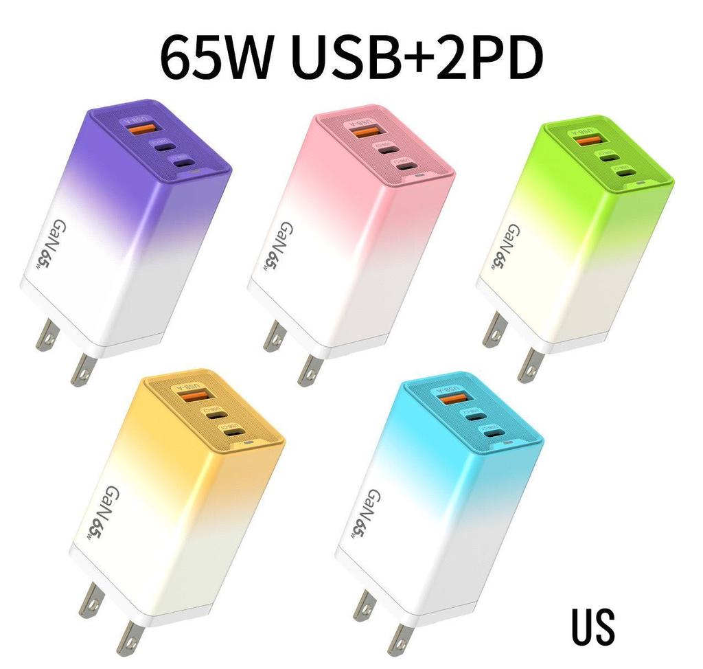 65W Gallium Nitride Gradient Charger with Multi-port 1USB + 2PD, 5V2A with Colorful Light