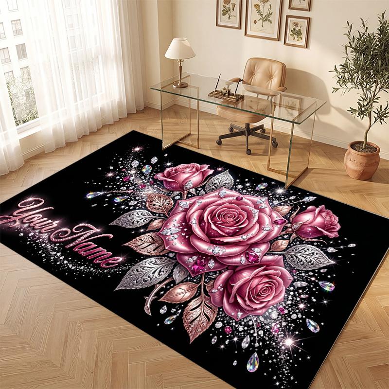 Floral Garden Theme Soft Crystal Velvet Rug Custom Name & Text Print Non Slip Floor Rug for Bedroom Living Room