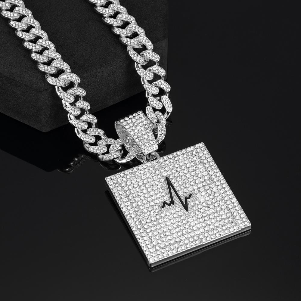 Hip Hop Electrocardiogram Lifeline Geometric Pendant Necklace With 13mm Box Buckle Cuban Chain Necklaces Fashion Jewelry For Men