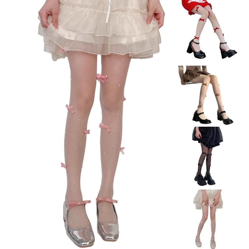 Sheer Tights for Women Lolitas Bows Pearls Pantyhose Control Top Thigh High Stockings Silk Thin Stockings Tights Hosiery