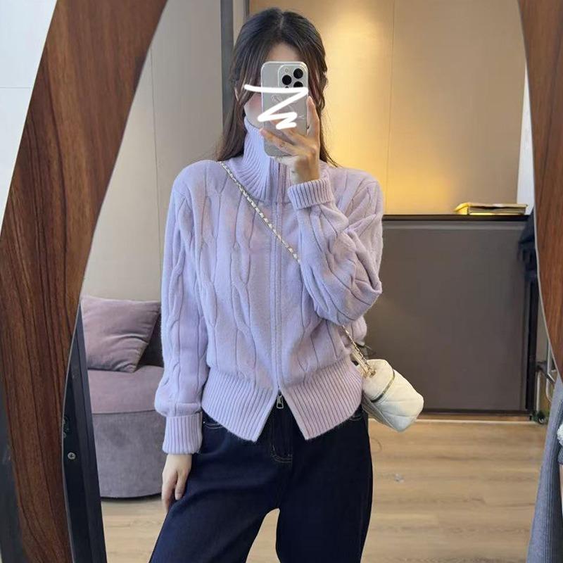Autumn and winter thickened lazy style short knitted jacket turtleneck twist double zipper cardigan sweater women