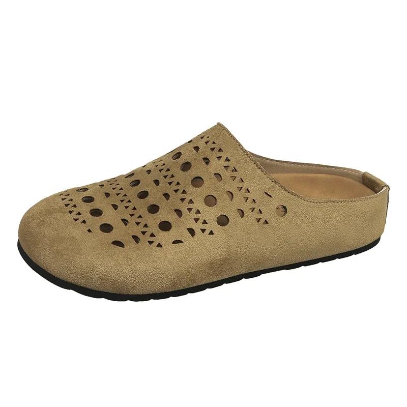 Fashion Baotou Hollow Out Fretwork Suede Leather Solid Concise Half Slippers Women Round Toe Pull on Muller Beach Shoes Females