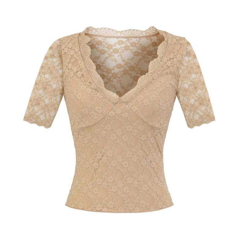 Lace V-neck Splicing Medium-sleeved T-shirt Women's Summer New Spice Girl Slim-fitting Waist Bottoming Shirt Five-quarter-sleeved Top