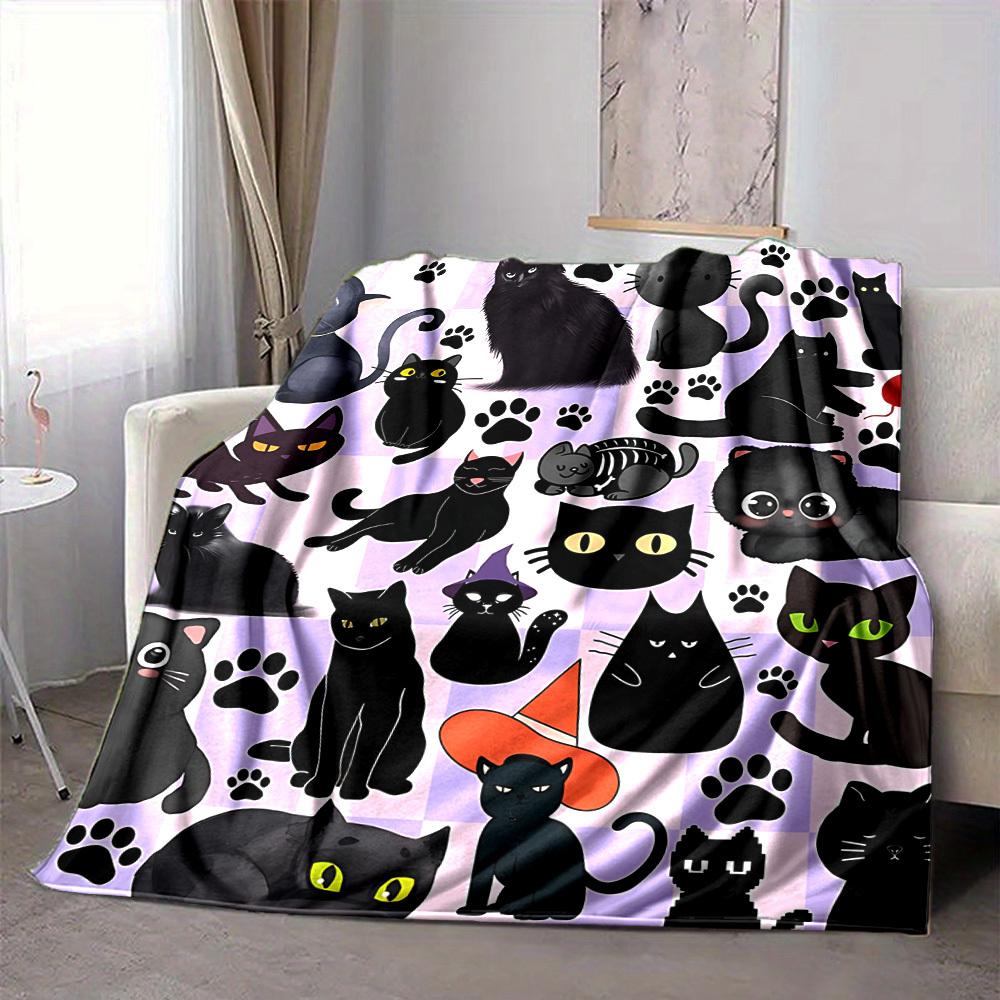 1pc Black Cats Lightweight Flannel Blanket, Comfortable and Warm Blanket, for Office and Camping Sofa Bed, Livingroom140