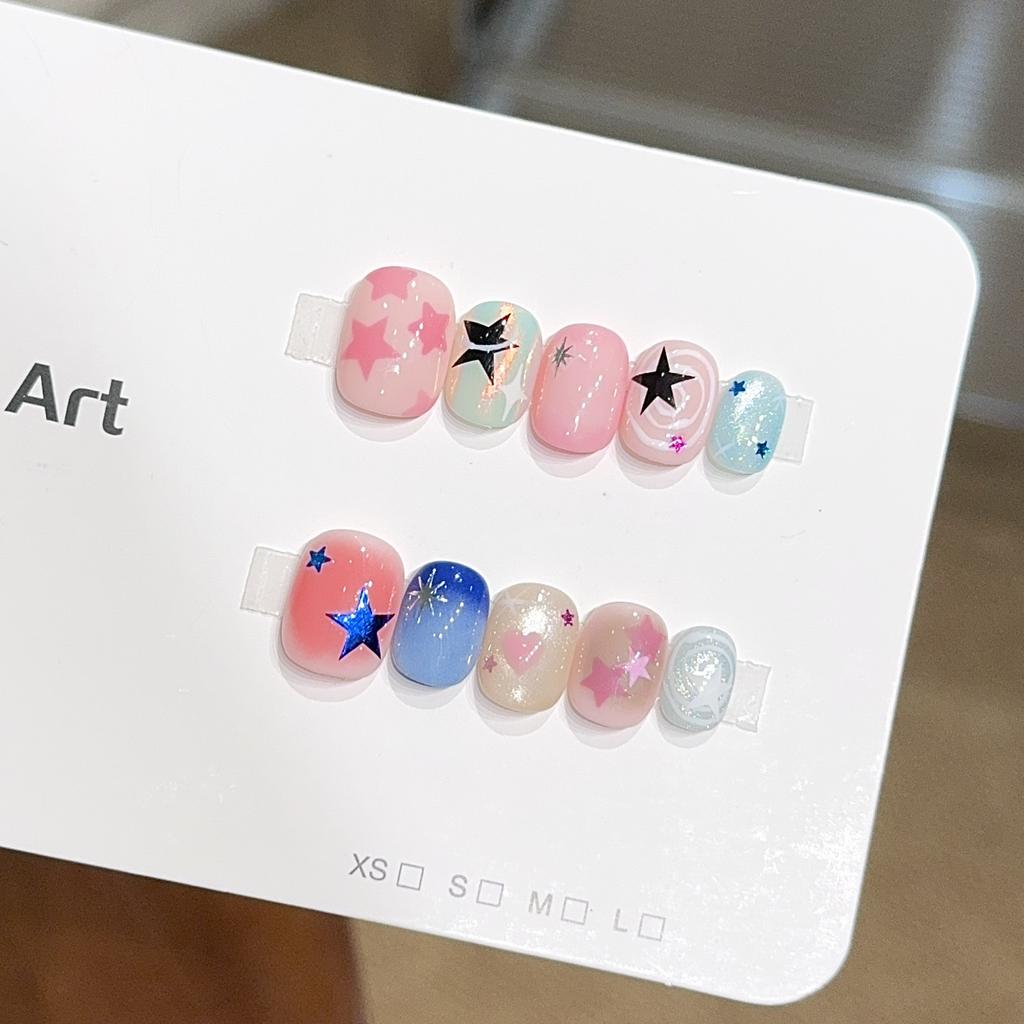 10 Pcs Short Oval Press On Nails Glossy Block Stripes And Star Designs Mix And Match False Nails For Women And Girls