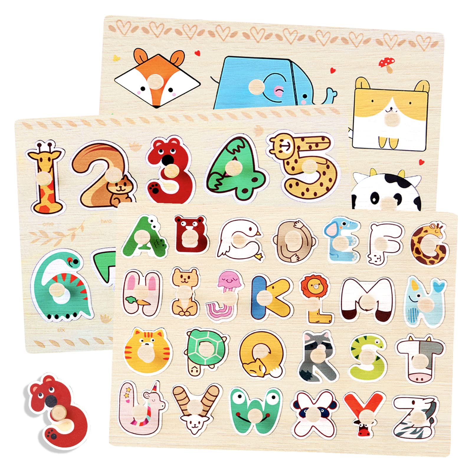 

CORPER TOYS Shape Matching Puzzle, Wooden Puzzle, Matching Blocks, Numbers, Shapes, English Recognition, Peck Up, Knob, Animal Puzzle, Wooden Toy for