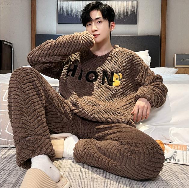 Thickened Coral Fleece Pajamas Men's Winter Warm Home Clothes Two-Piece Set Flannel Autumn Winter Plush Home Suit