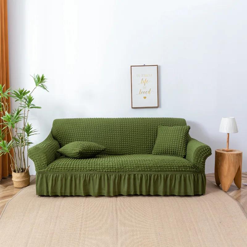 High Elastic Bubble Grid Sofa Cover 1/2/3/4 with Skirt Hem Universal Stretch Couch Protector for Home Living Room Pet Anti Dirt