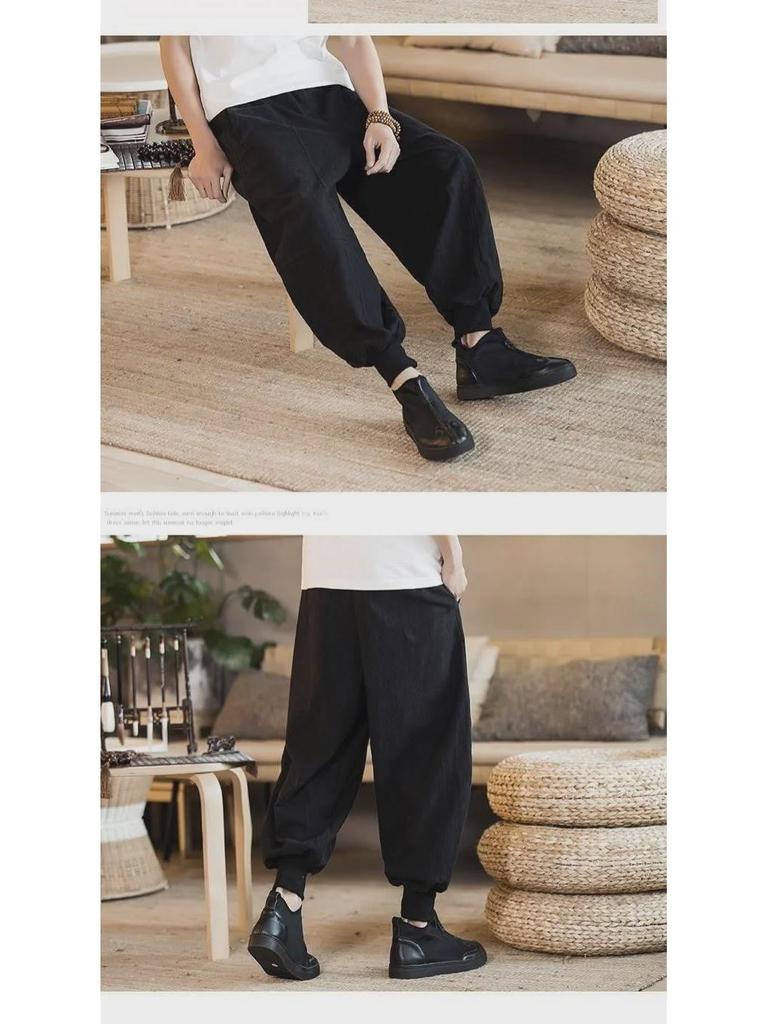 Men's Loose Linen Tang Suit Pants - Chinese Ancient Style Monk Pants