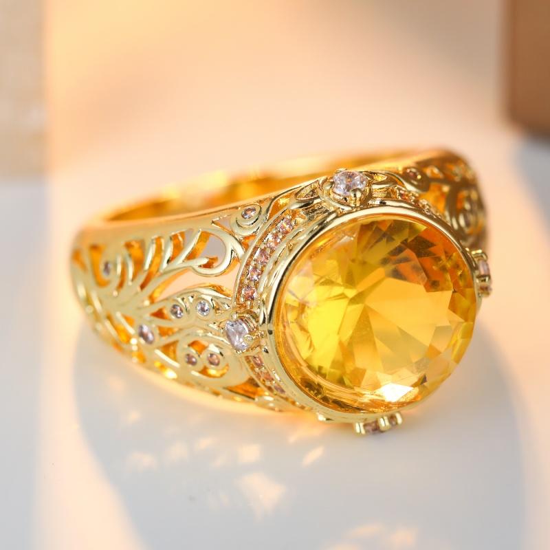 Vintage Inlaid Champagne CZ Women's Ring Ethnic Gold Color Hand Carving Daily Wear Party Jewelry Anniversary Gift