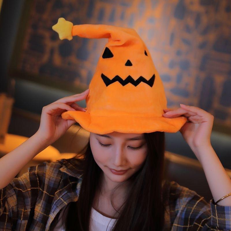 Funny Halloween Electric Pumpkin Hat Witch Plush Costume Accessory Party Dress Up Photo Prop Light Singing