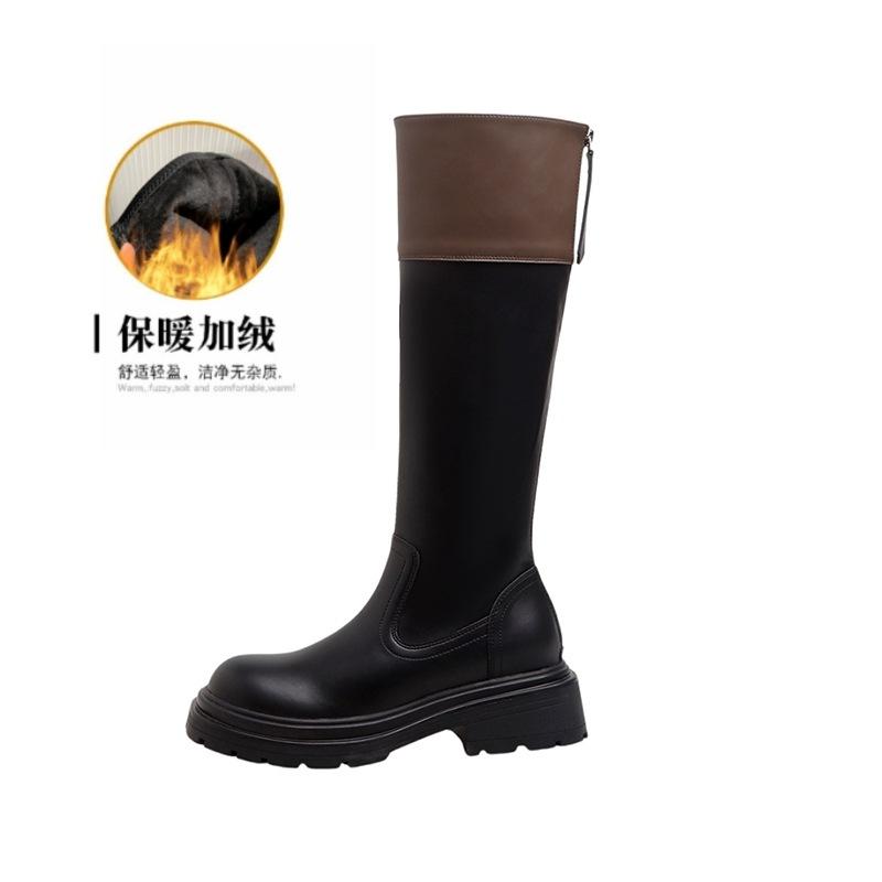 New autumn and winter new black and white color matching boots women's thick soles but knee high boots long boots thin boots