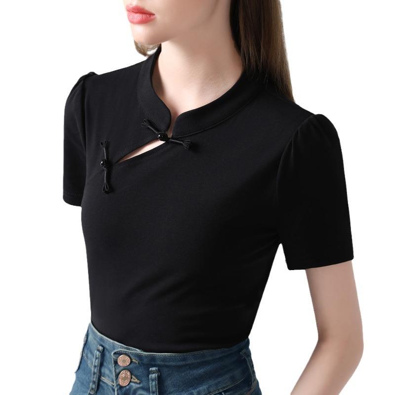 Short-sleeved T-shirt for Women's Summer New Chinese Style Women's Solid Color Stand Collar Cotton T-shirt New Chinese Style Slanted Placket Top