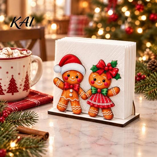 Decorative Paper Holder Wooden Christmas Napkin Holder, Cute Gingerbread Elk Santa Standing Tissue Dispenser, Stable Rack Farmhouse Cocktail Serviette