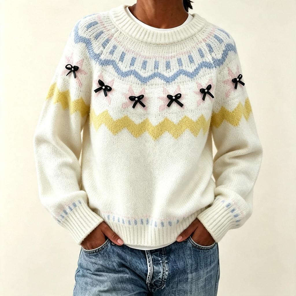 Fair Island Knitted New Round Neck Loose Contrasting Large Size Sweater Autumn And Winter Women'S Jacquard Knitted Sweater