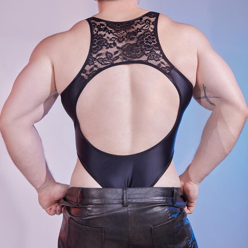 Men'S Jumpsuit Open Back Lace Oil Shiny Glossy Bodysuit Silky High Elastic Sexy Hollow High Elastic Wrestling Fitness Bodysuits