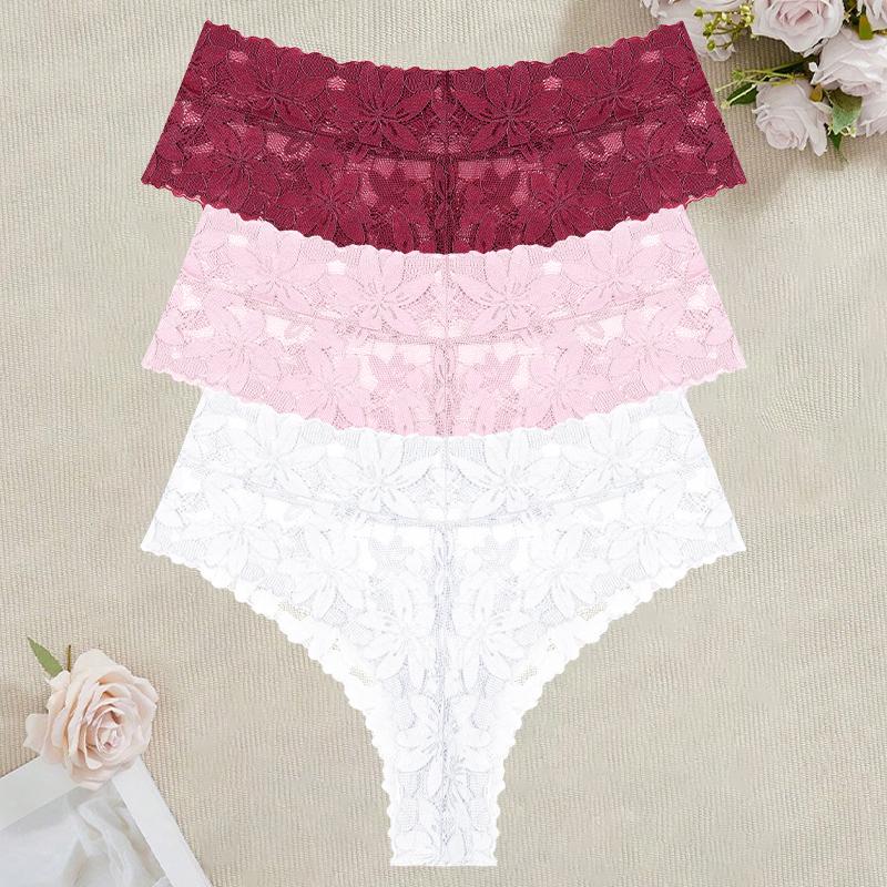 3Pcs/Set Women's High Waist Panties Ladies Sexy Lace Hollow Out Thong Breathable Transparent G-strings Solid Color Soft Lingerie