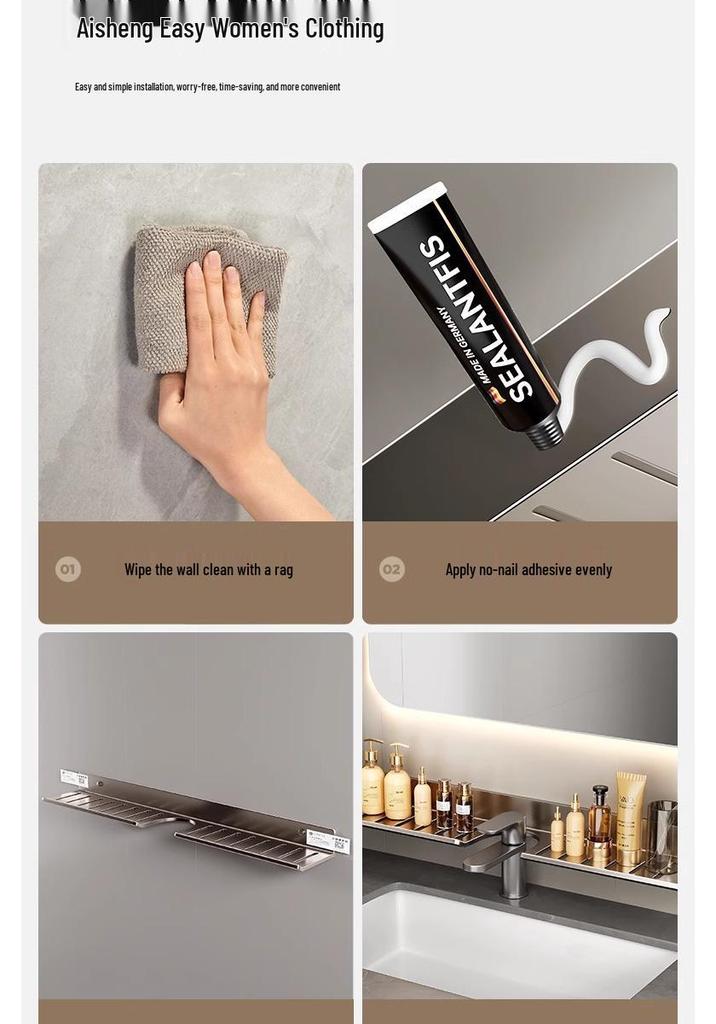 No-Drill Wall-Mounted Bathroom Shelf for Mirror, Faucet, and Vanity
