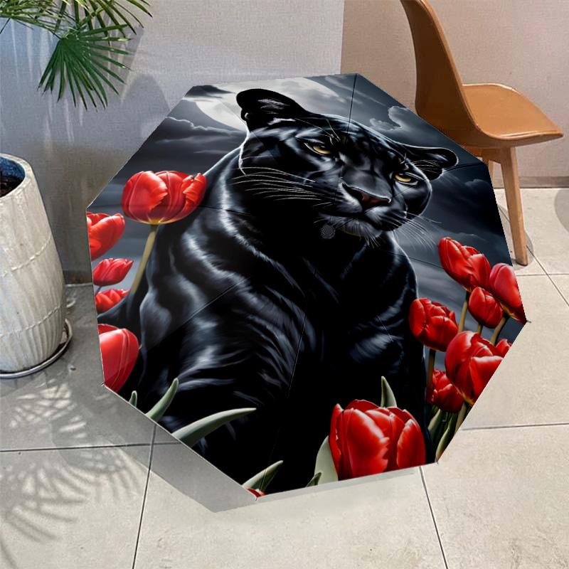 Snow Leopard Black Panther Folding Umbrella Auto-Open Design 8 Iron Ribs Plastic Handle Foldable Sunshade Perfect Christmas Gift