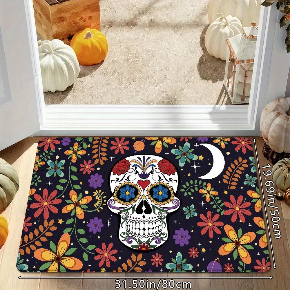 Creative Floral Sugar Skull Wreath Doormat, Non-Slip Washable Rug for Indoor Outdoor, Entryway, Kitchen & Home Decor