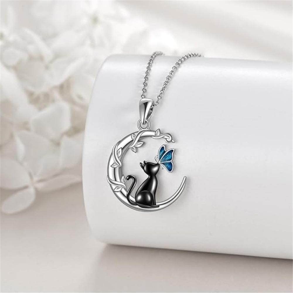 Luxury Female Crystal Stone Moon Cat Butterfly Pendant Necklace Vintage Silver Color Wedding  For Women