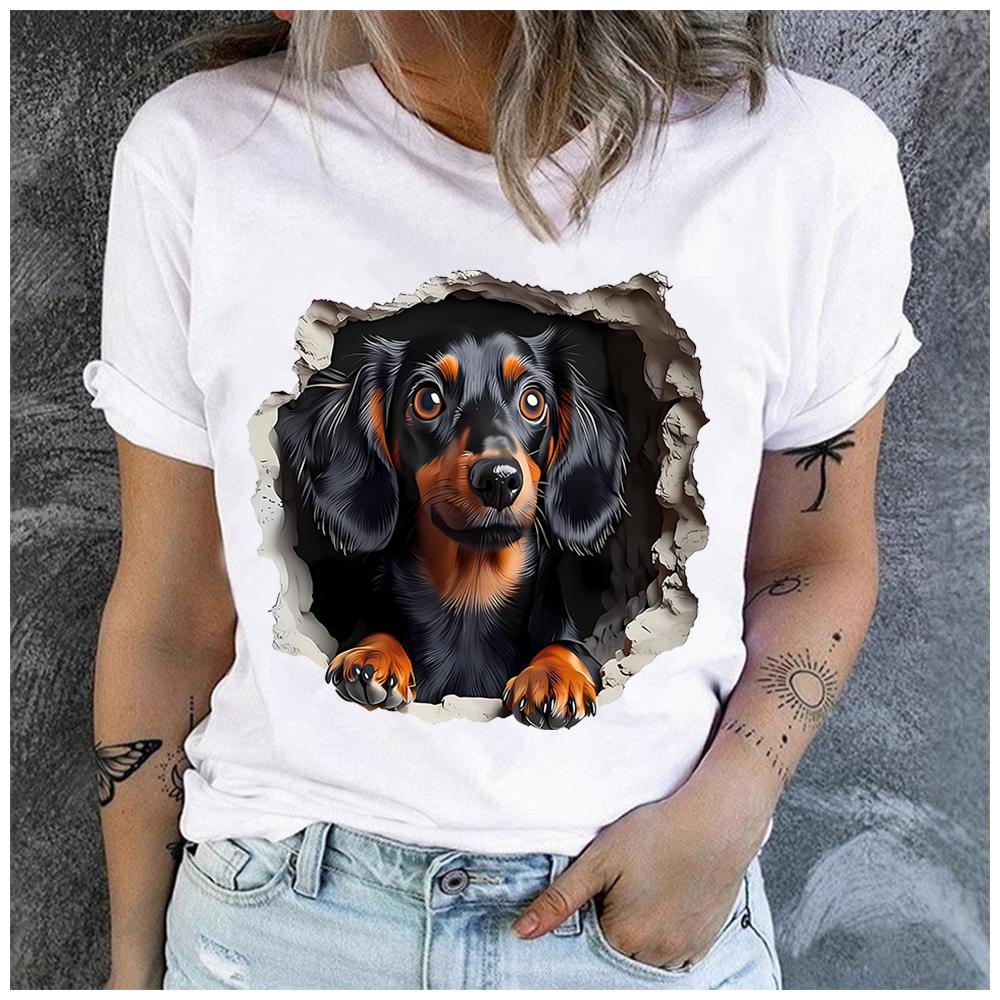 Women's Cotton 100% Interesting Dog Print T-shirt Loose round Neck Casual Short Sleeve Fashion Top Wholesale Clothing Summer