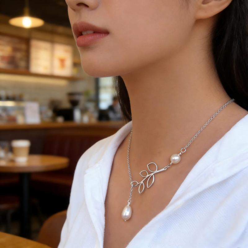 New Fashion Personality Leaf & Teardrop Pearl Pendent Necklace Wedding Party Women Elegant Choker Chain Necklace