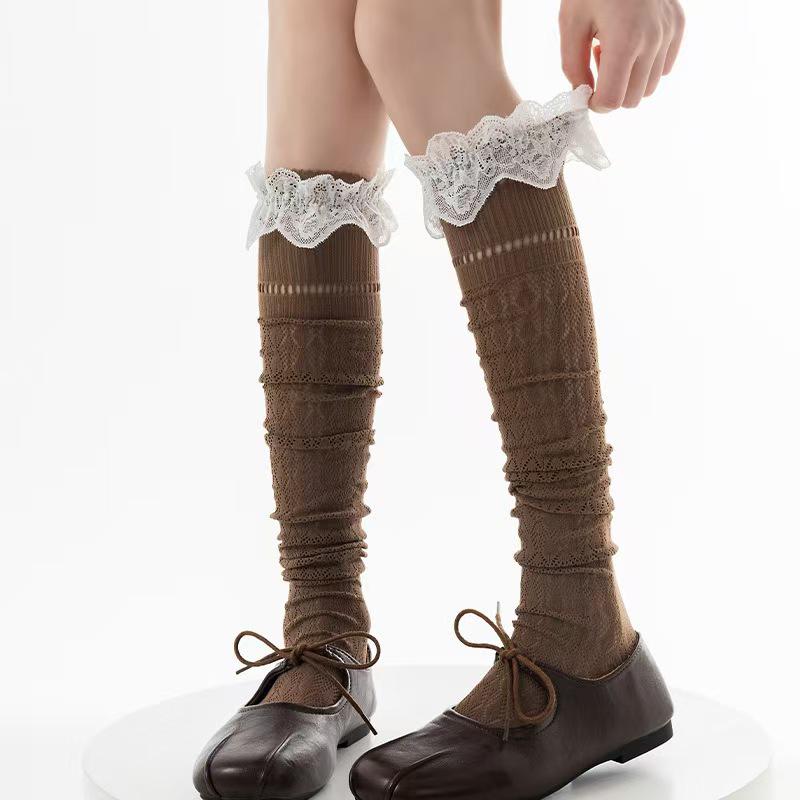 White Lace Flower Pattern Ruffled Calf Socks for Women - Ultra-Thin, Sexy, Sweet, Hollow, Long Boot Socks