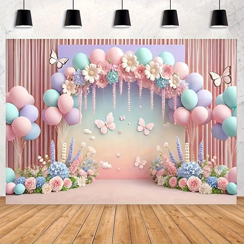 Pastel floral and balloon decorations with butterflies fabric curtains for pink birthdays teen showers and teen photography 100x150cm