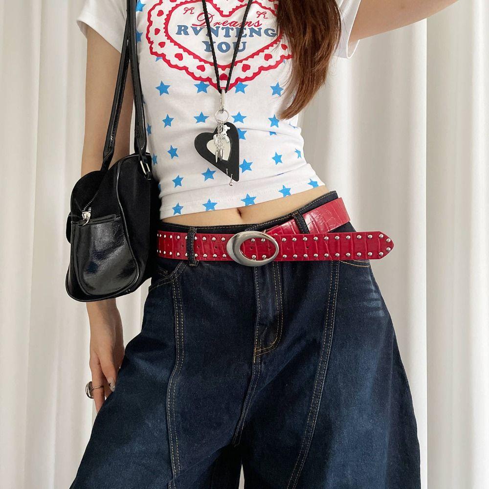 Y2k Women's Rivet Belt Gothic Dress Jeans Belt Niche Leather Waist Belt  Streetwear