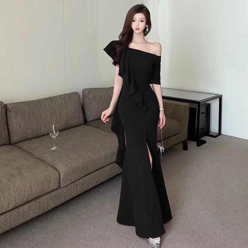 Premium evening dress sexy one-word shoulder cover belly thin dress temperament niche banquet long skirt