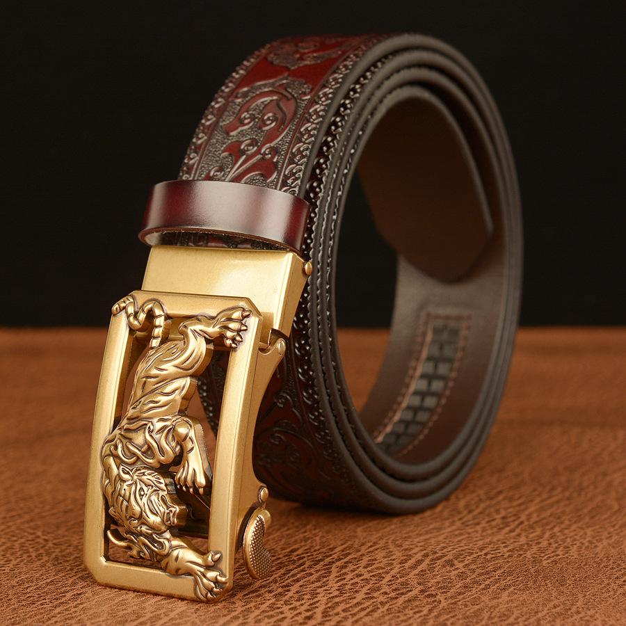 Tiger Engraved Automatic Buckle Cowhide Men's Zodiac Belt - Casual Retro Style