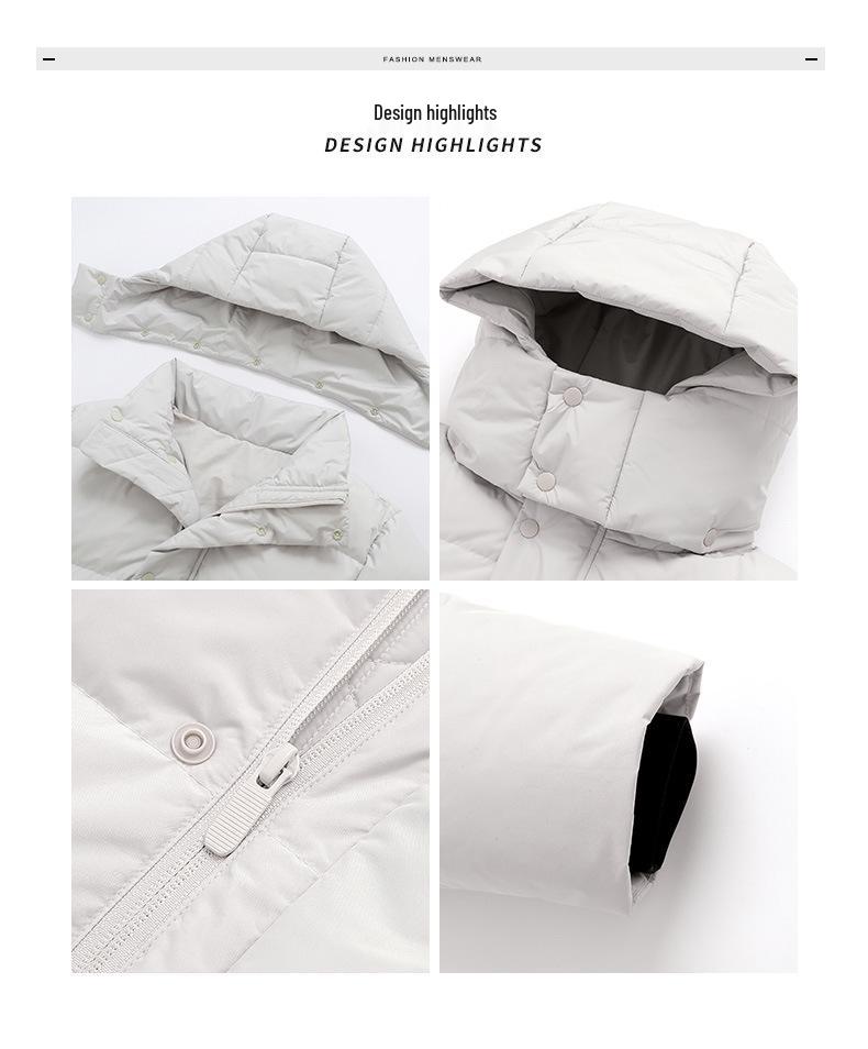 2025 Trendige Lange Herren-Winterdaunenjacke - Weiße Entendaune, Lässiger Hongkong-Stil, Einfarbig, Warme Oberbekleidung