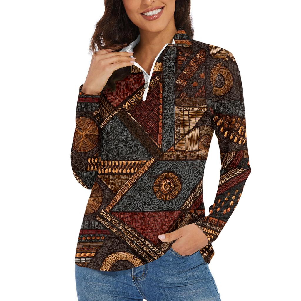 Women's Casual Fashion Retro Floral Print Long Sleeve Zipper Neck Top T-shirt