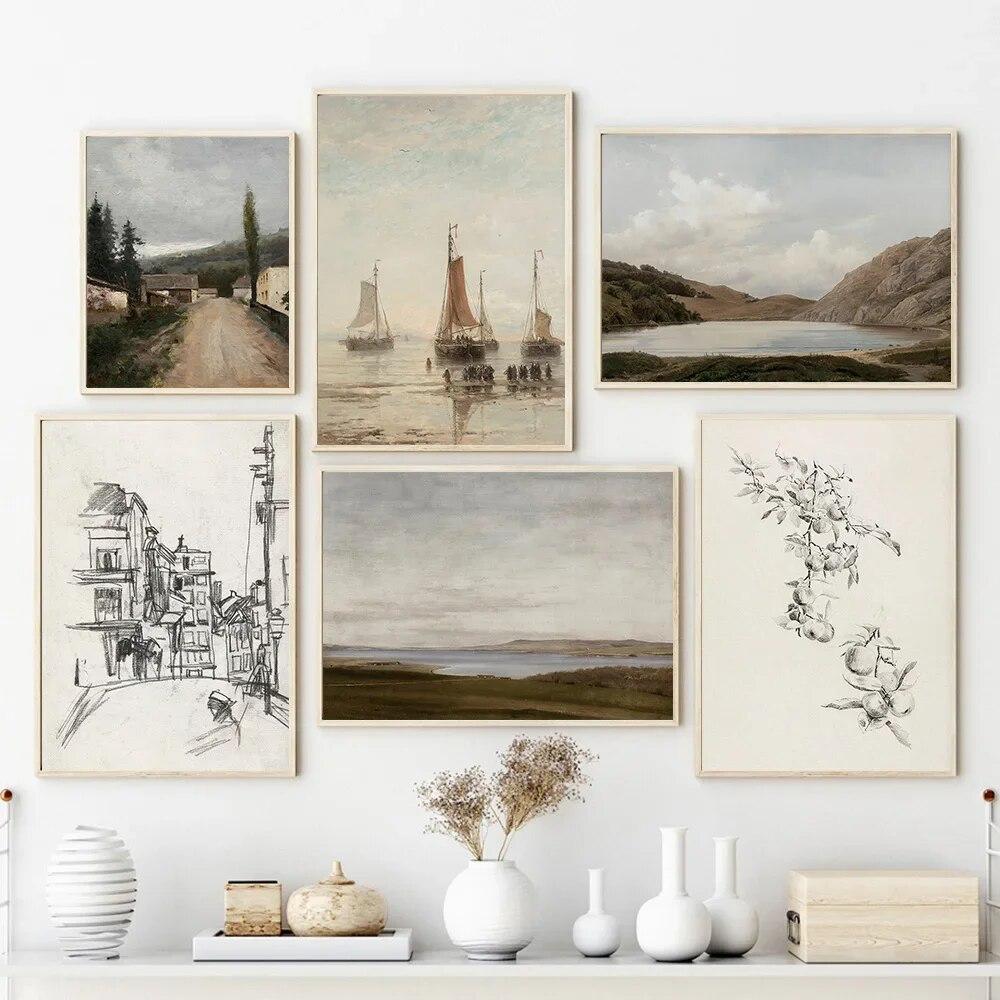 Vintage European Gallery Wall Prin Mountain Lake Landscape Canvas Painting Nordic Posters and Prints Living Room Home Decoration