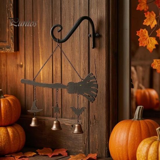 Crisp Sound Wind Chime Halloween Broomstick Witch Bells, Vintage Gothic Metal Hanging Peaceful Home Decor Ornaments for Door Wall Window Porch Indoor