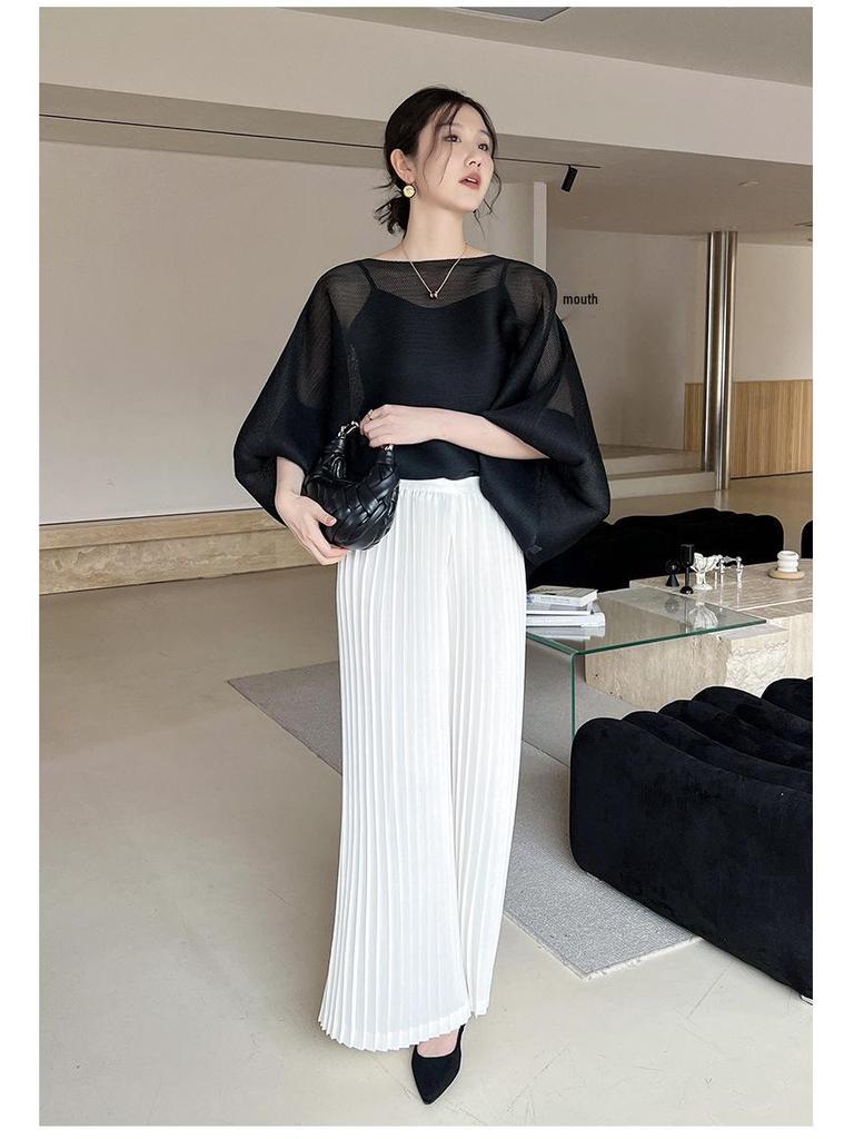 Early Spring High-End Pleated Batwing Sleeve Mesh Top - Japanese Korean Casual Sweet Style