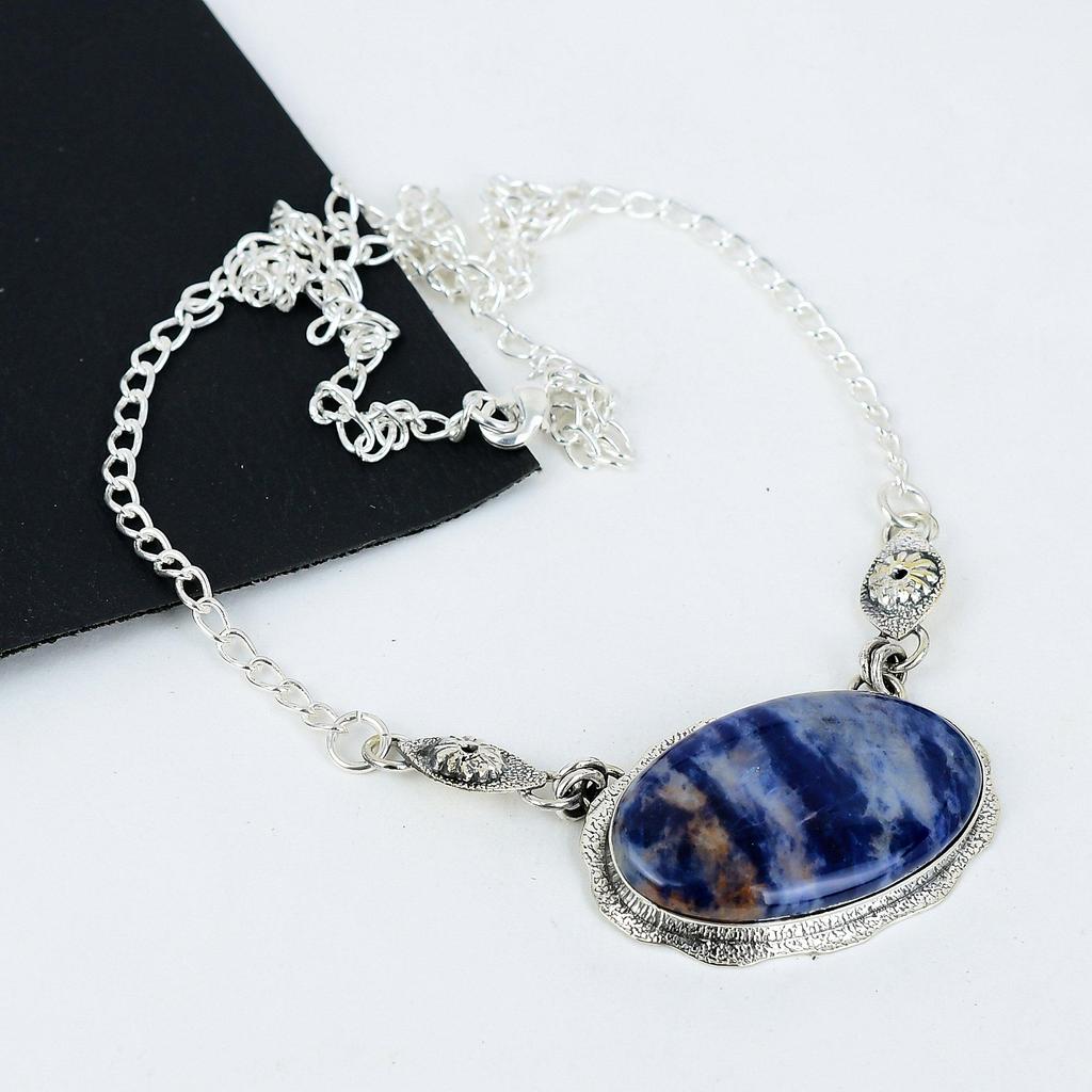 Natural Sodolite Gemstone Handmade 925 Sterling Silver Electroform Necklace, Sodolite Silver For Wife Unisex Pendant Engagement Gifts