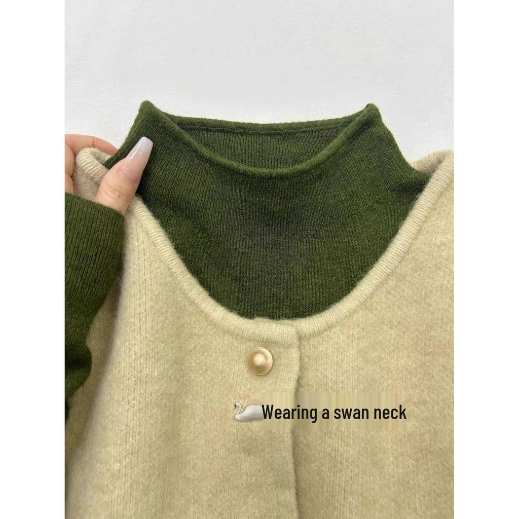 Women's Slim-Fit Long-Sleeve Half-High Neck Knitted Top - Whitening Dark Green, Autumn/Winter, Versatile for Single or Layered Wear.