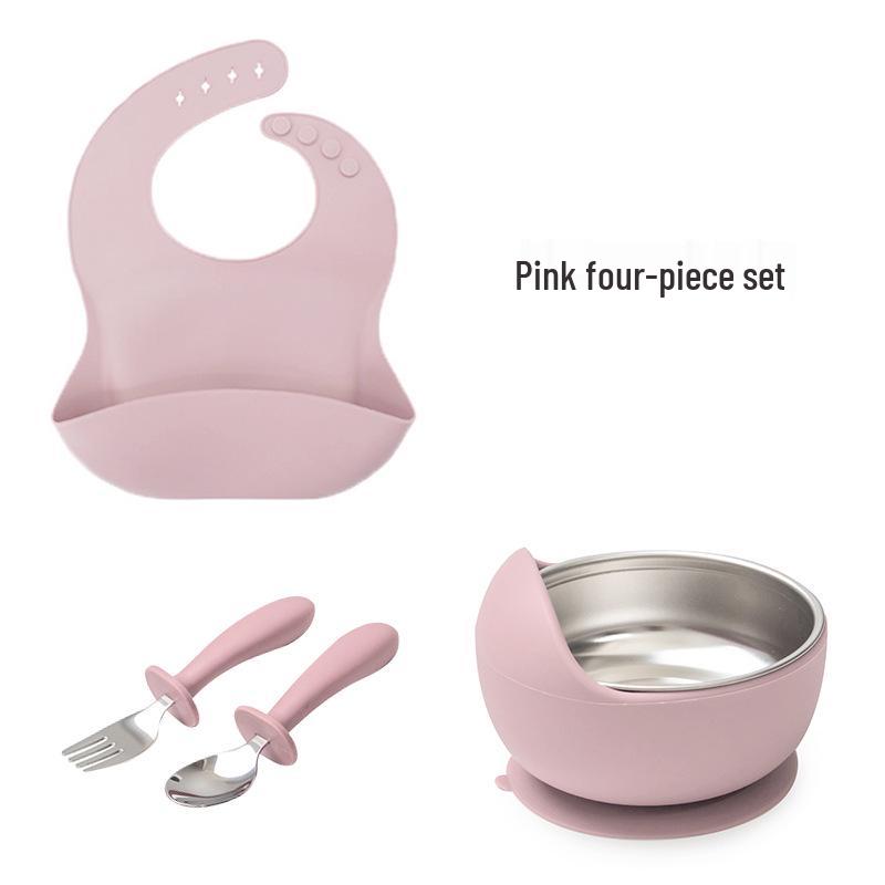 Edelstahl Kinder-Essgeschirr mit Anti-Rutsch-Silikon-Saugfuß & Besteck