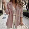 Women Fall Coat Long Sleeve Tweed Blazer Jacket Double Breasted Notched Lapel Ribbed Open Front with Pockets