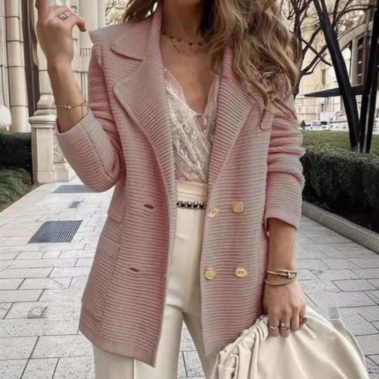 Women Fall Coat Long Sleeve Tweed Blazer Jacket Double Breasted Notched Lapel Ribbed Open Front with Pockets