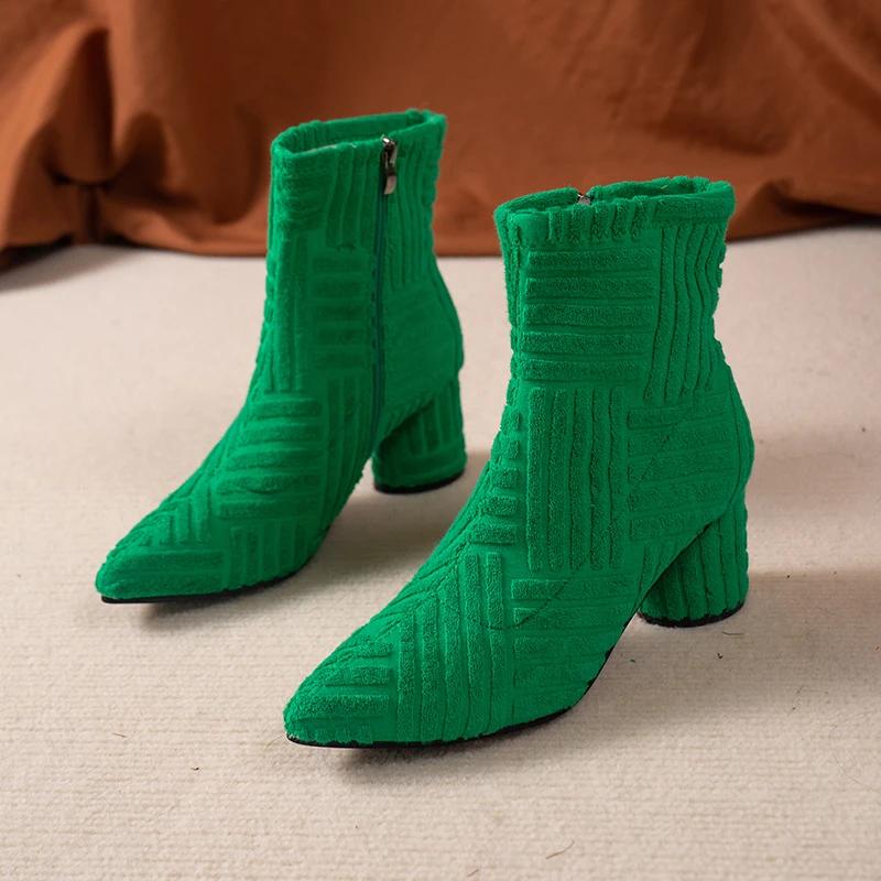 Fashion Winter 2025 Brand Design Women's Ankle Boots Green Pointed Roman Boots Denim Square Heel Side Zipper Sexy Women's Boots
