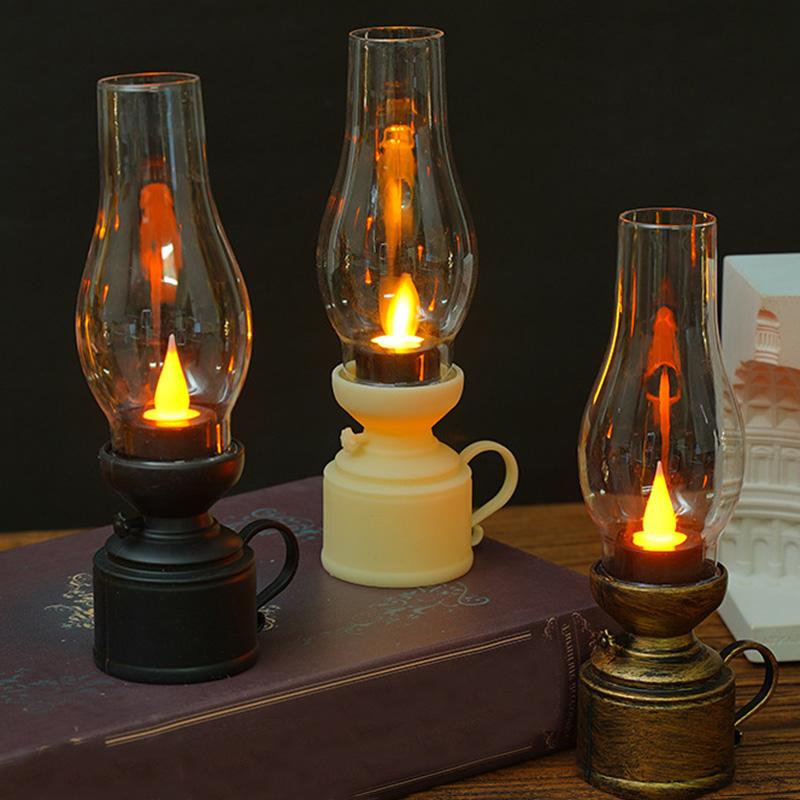 Retro Flameless Candle Holder Candlestick Kerosene Lamp with Button Battery Table Light Vintage Decor Kerosene Lamp