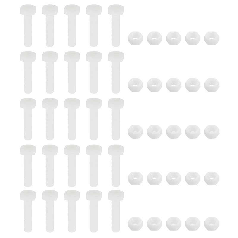 uxcell 25 Pair Nylon Screws Nuts Assortment, M4x25mm Hex Screws Bolts and M4 Hex Nuts for Machinery Electronics Industrial Accessories, White