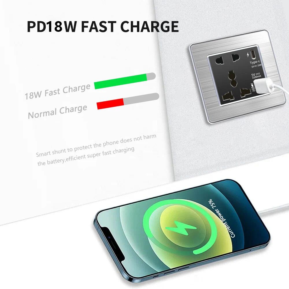 18W Type-C Fast Charging Universal 5-pin Dual Power Socket,Stainless Steel  Electrical Outlet with DC 5V 3.1A Type-c USB Charger