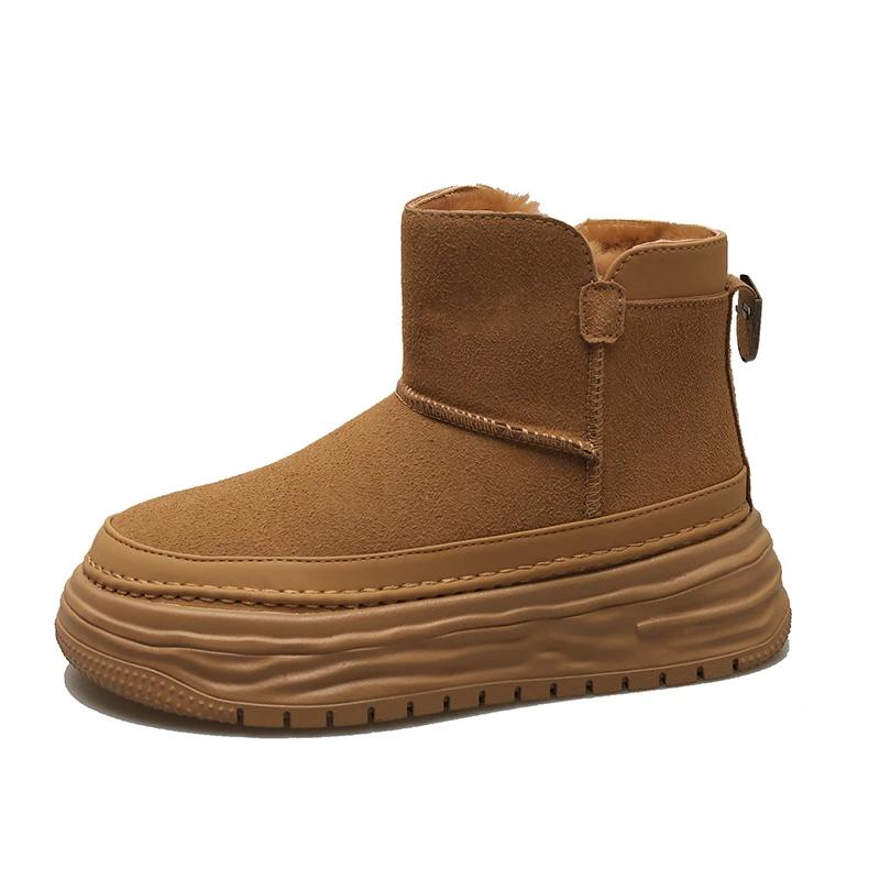 

Обувь для женщин 2024 года, новые женские ботинки на молнии, зимние, с круглым носком, из цельного флоксового плюша, теплые, на среднем каблуке, водонепроницаемые, лаконичные, зимние ботинки 40 коричневый